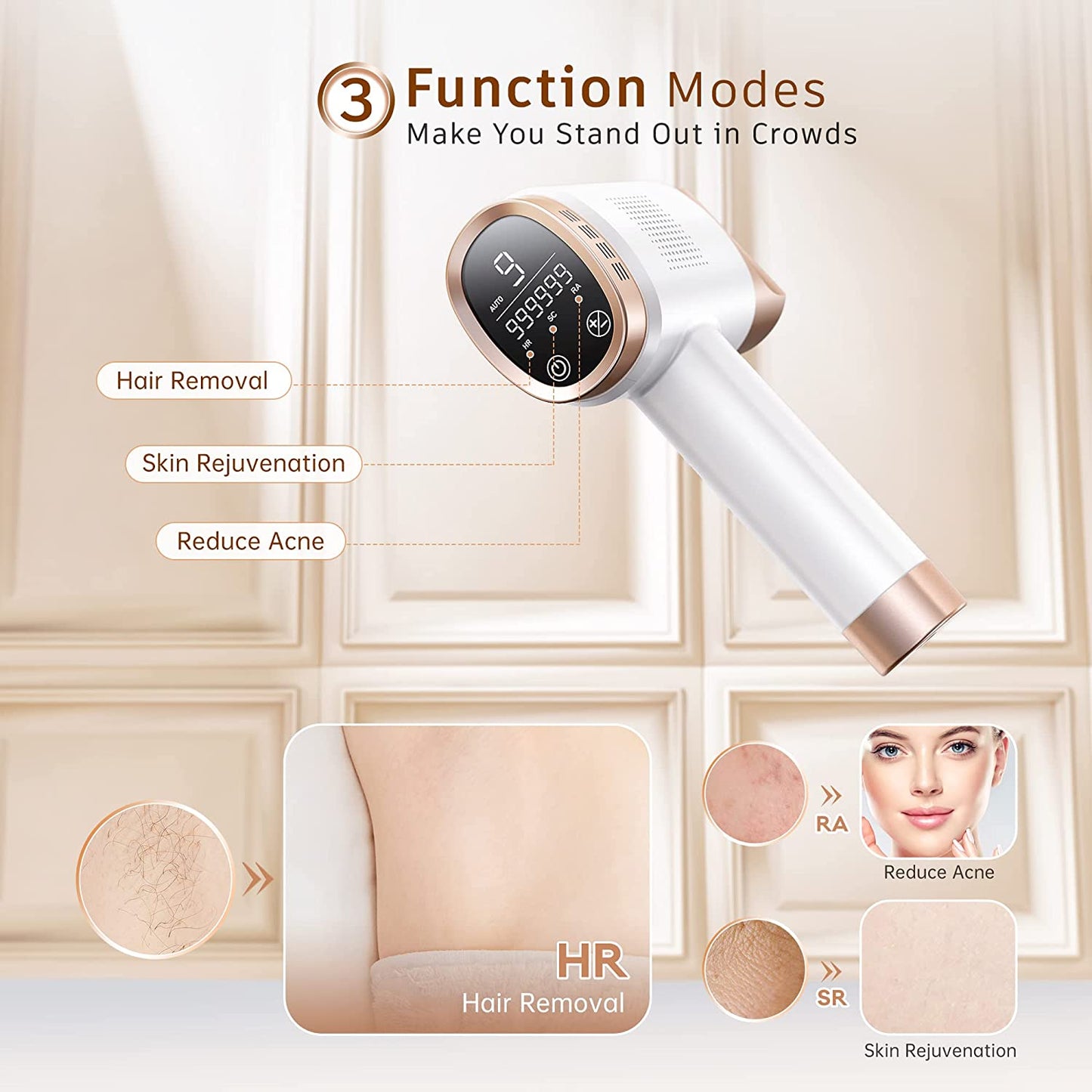 Epilator laser IPL, cu 999.999 de impulsuri luminoase, 3 moduri functionale HR/SC/RA, 9 intensitati, rapid, regenerare piele si indepartare acnee, Aminzer