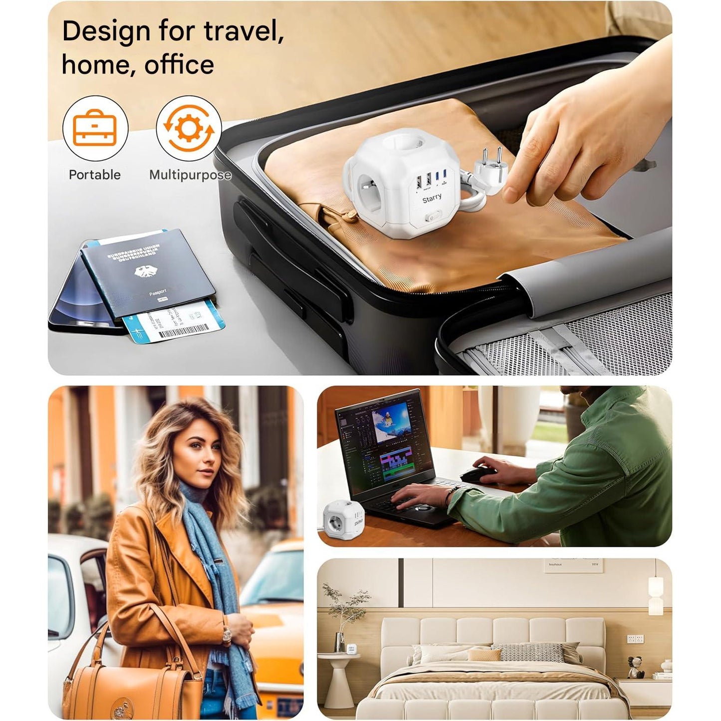 Prelungitor cub cu 4 prize, 2 USB-A su 2 USB-C PD 35W, 4000W, comutator ON/OFF, cablu de 2 m, 7.6 x 7.8 cm, alb