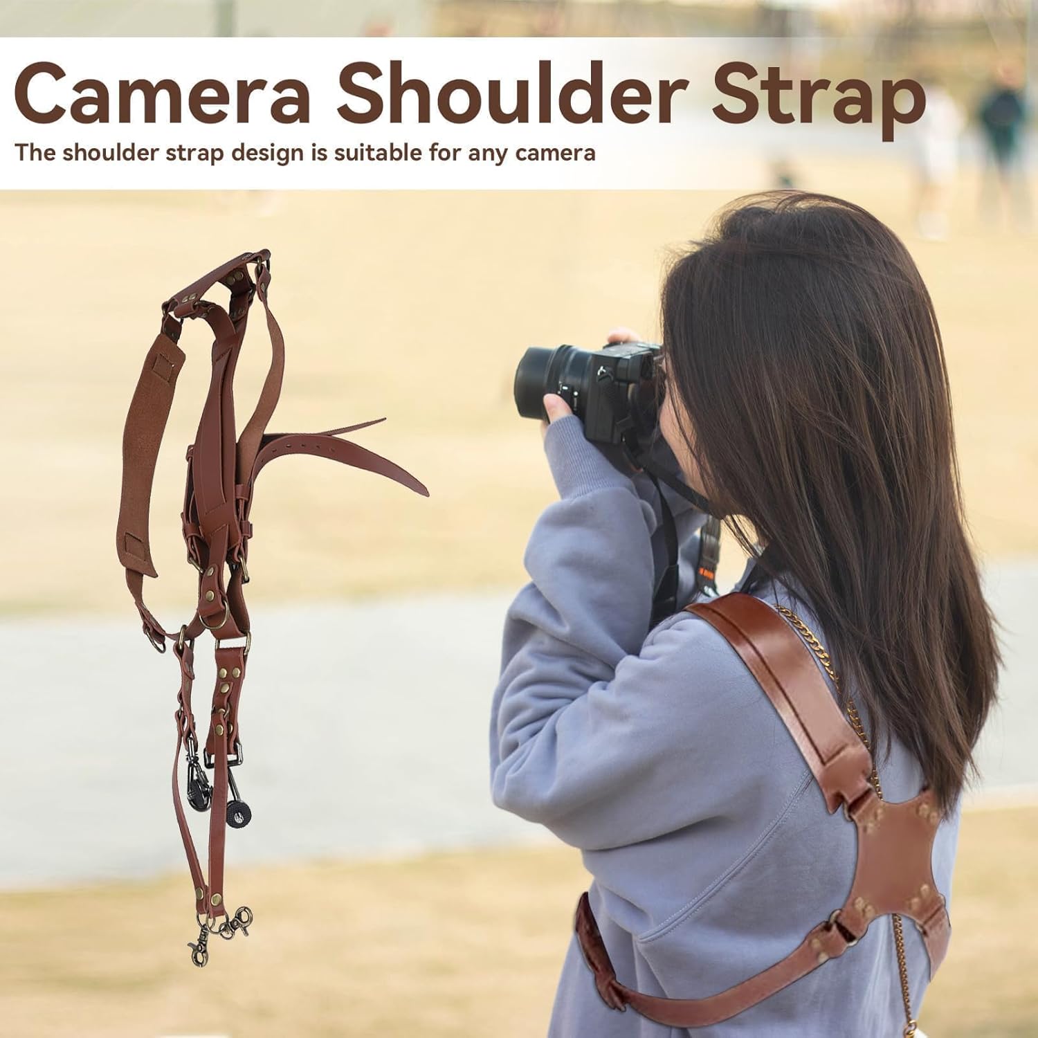 Curea de transport cu design in X pentru doua camere, HERCHR, curea de umar din piele vintage, multi-viteze, universala pentru DSLR/SLR, ajustabila, pentru femei si barbati, maro