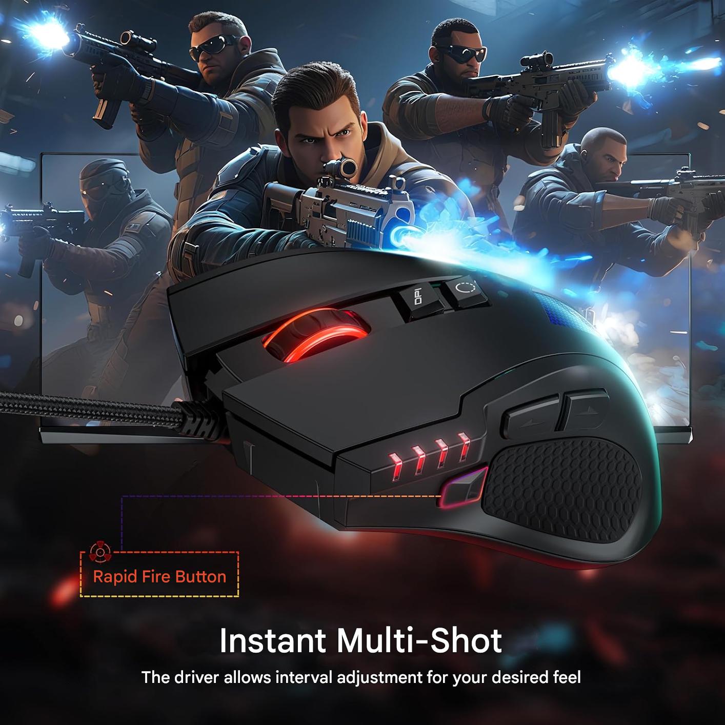 Mouse Gaming cu fir, 12800 DPI, 8 butoane programabile si macrocomenzi, buton declansare rapida reglabil, ergonomic cu suport silicon, RGB 12 presetari, rata interogare 1000 Hz – Ideal PC si Laptop