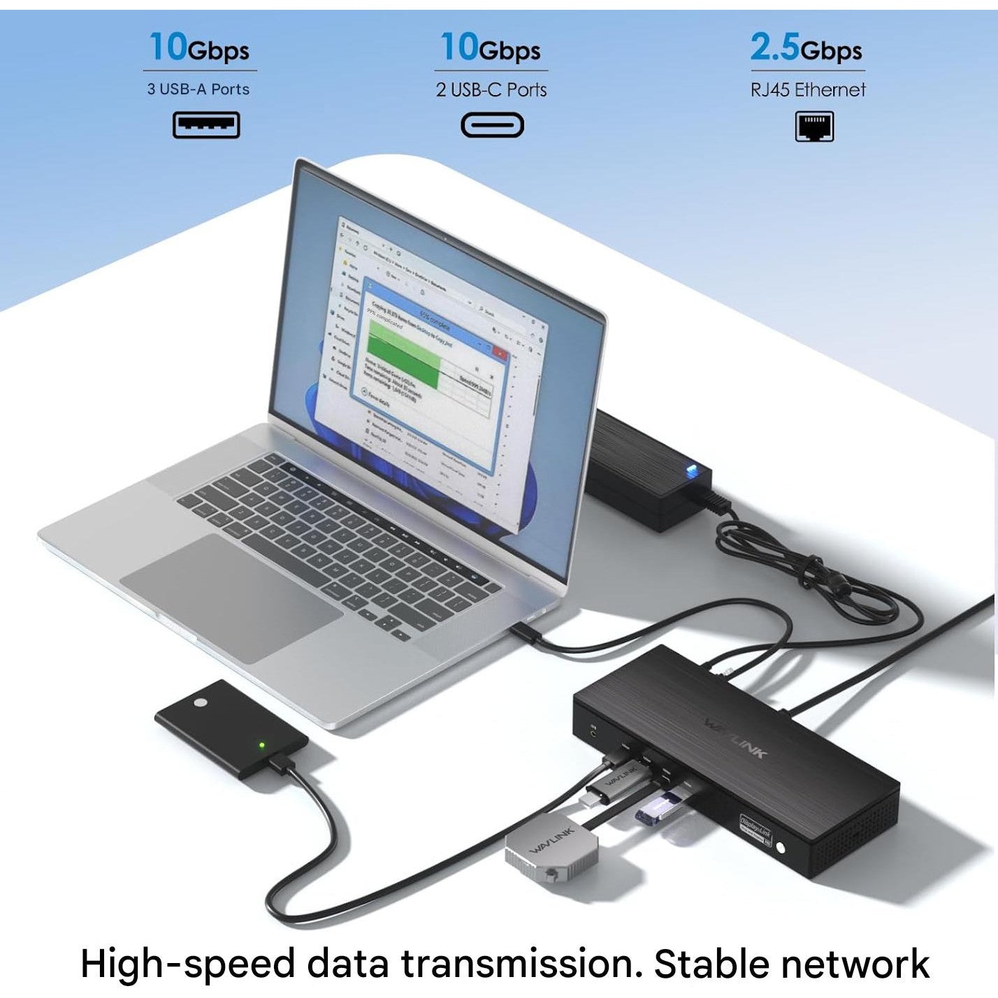 Statie de andocare WAVLINK 13-in-1 DisplayLink, Dual 8K / 5x 4K, 3x HDMI + 2x DisplayPort, USB-C 100W Power Delivery, USB 3.2 10Gbps, Ethernet 2.5G, compatibila Windows & Mac (M1/M2/M3/M4)