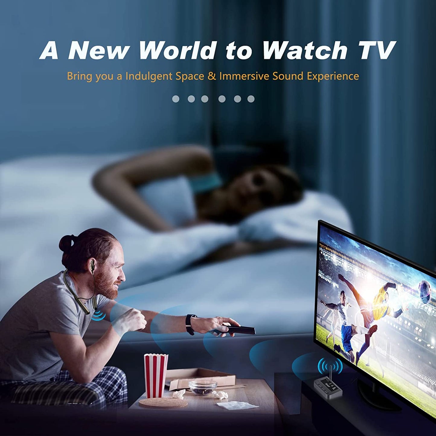 Set transmitator Bluetooth 5.0 si casti wireless pentru TV, control indepentent al volumului, fara audio delay, conectare prin RCA, optic, plug & play
