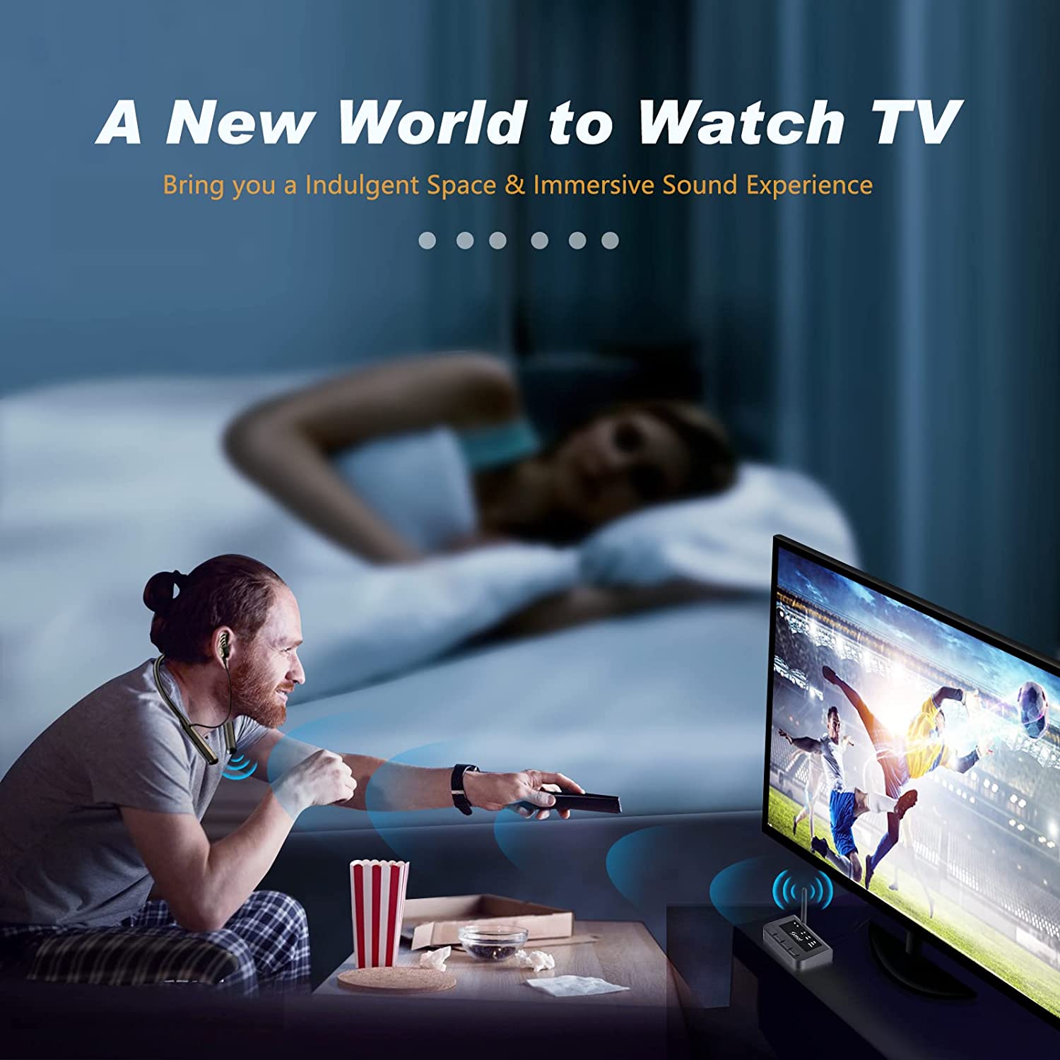 Set transmitator Bluetooth 5.0 si casti wireless pentru TV, control indepentent al volumului, fara audio delay, conectare prin RCA, optic, plug & play