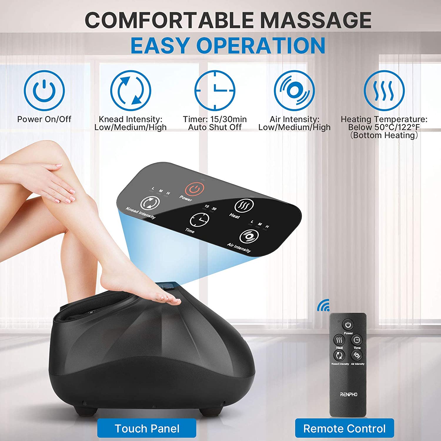 Aparat de masaj Shiatsu pentru picioare cu telecomanda, functie de caldura, role, compresie de aer, temporizator, panou de control cu touch