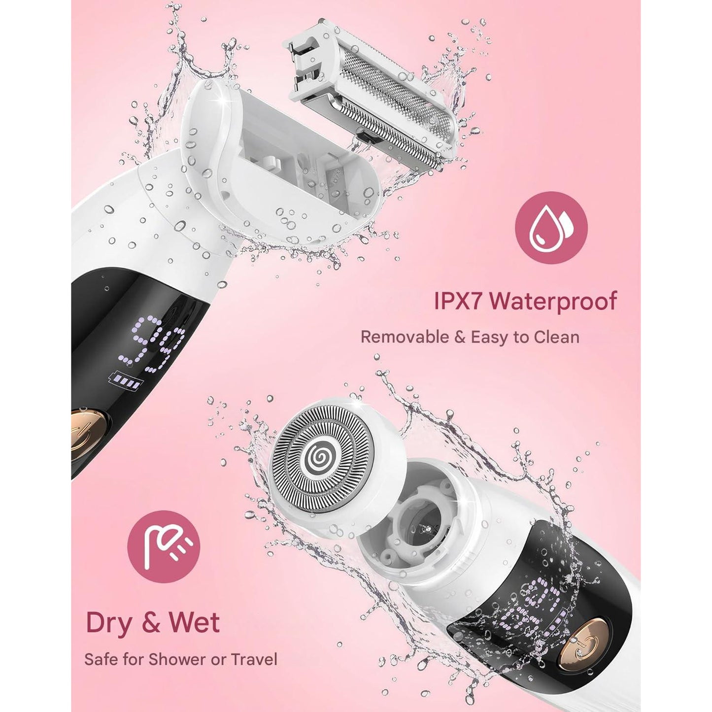 Aparat de ras electric pentru femei 3 in 1, afisaj LED, rezistent la apa IPX7, USB-C reincarcabil, pentru bikini, axile si fata, fara iritatii, pentru piele sensibila, utilizare umed/uscat, alb
