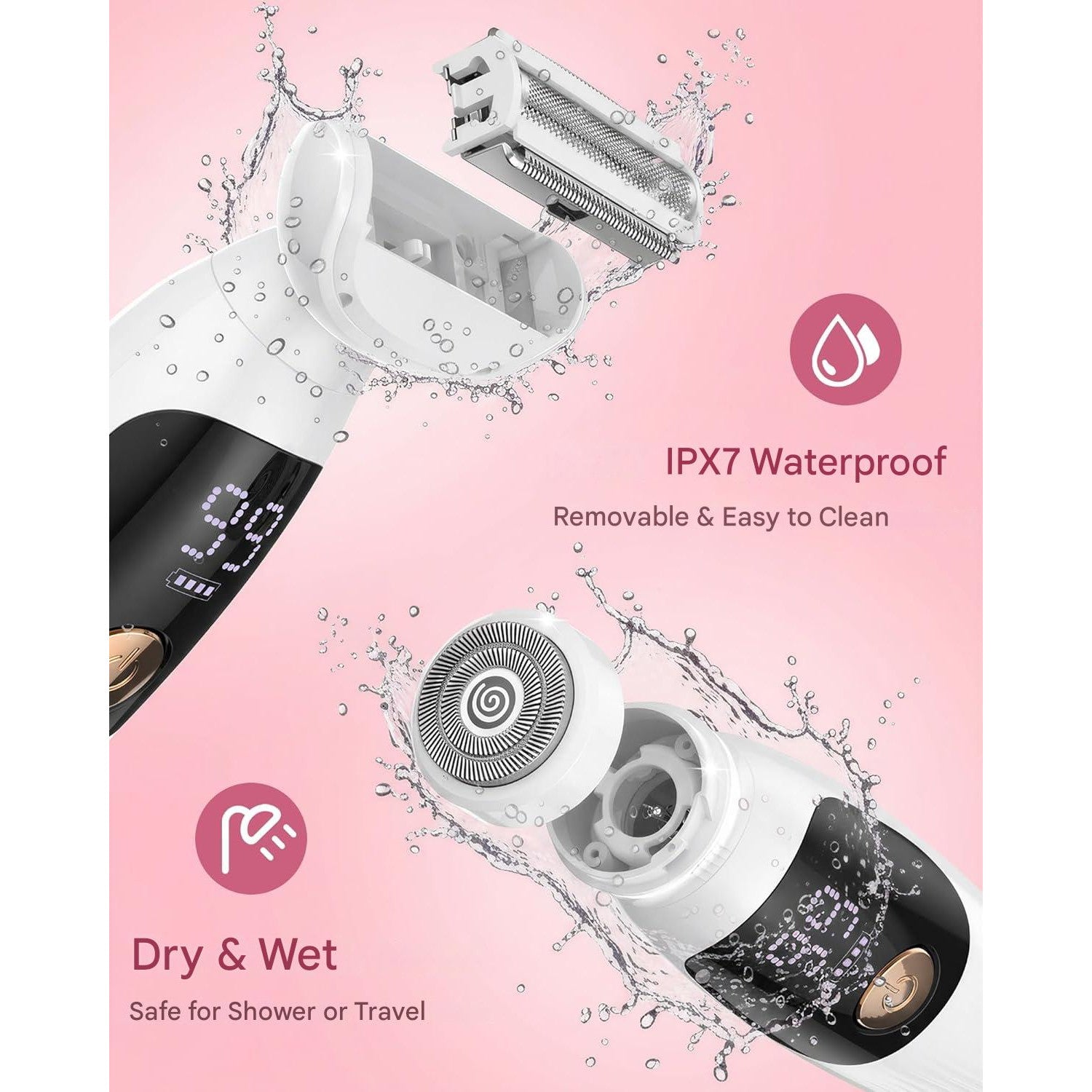 Aparat de ras electric pentru femei 3 in 1, afisaj LED, rezistent la apa IPX7, USB-C reincarcabil, pentru bikini, axile si fata, fara iritatii, pentru piele sensibila, utilizare umed/uscat, alb