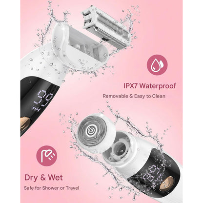 Aparat de ras electric pentru femei 3 in 1, afisaj LED, rezistent la apa IPX7, USB-C reincarcabil, pentru bikini, axile si fata, fara iritatii, pentru piele sensibila, utilizare umed/uscat, alb