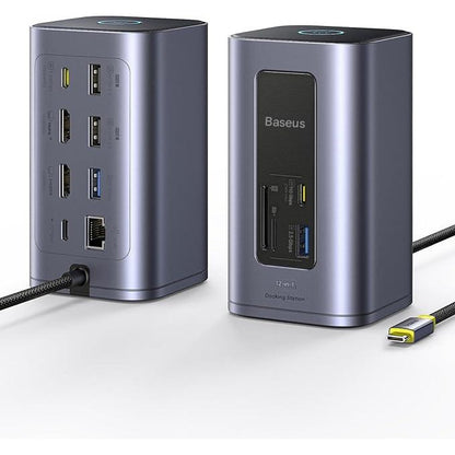 Statie de andocare 12 in 1, extindere la 2 monitoare 4K, PD 100W, 2 x HDMI 4K, 4 x USB-A, 2 x USB-C 10Gbps, TF/SD 104 Mbit/s, Gigabit Ethernet, cu buton blocare ecran, compatibila cu laptopuri Dell, HP, Lenovo, Asus, Acer, Mac