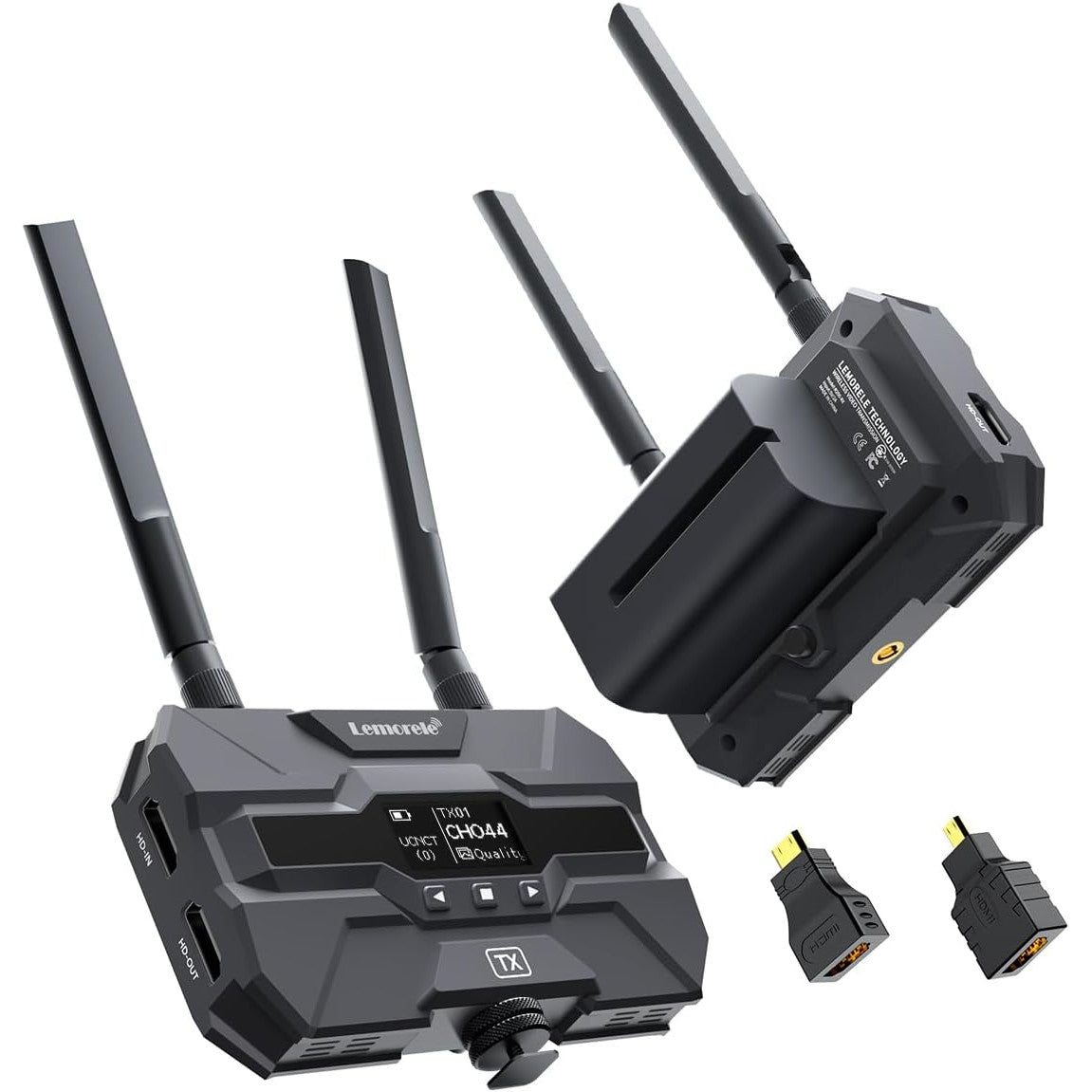 Set Extender HDMI Wireless 5G, FullHD 1080P, Transmitator cu functie Loop si Receptor, Ecran OLED, cu 2 acumulatori 4400mAh, compatibil cu baterii NP-F970/750/550, latenta scazuta, pana la 200 m, Lemorele