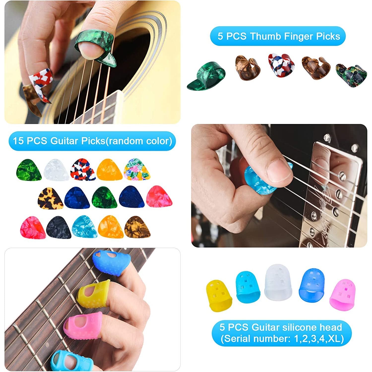 Set accesorii chitara cu 66 de piese, cu acordor, capodastru, pene, corzi pentru chitara, pini, 5 protectii degete din silicon