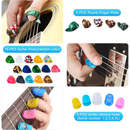 Set accesorii chitara cu 66 de piese, cu acordor, capodastru, pene, corzi pentru chitara, pini, 5 protectii degete din silicon