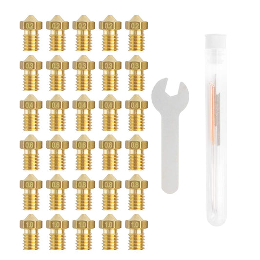 Set duze imprimanta 3D, 30 bucati, 0,2 mm; 0,3 mm; 0,4 mm; 0,6 mm; 0,8 mm; 1,0 mm, din alama, filet M6, pentru filament 1.75 mm, cu tije de curatare, pentru hotend V5, V6
