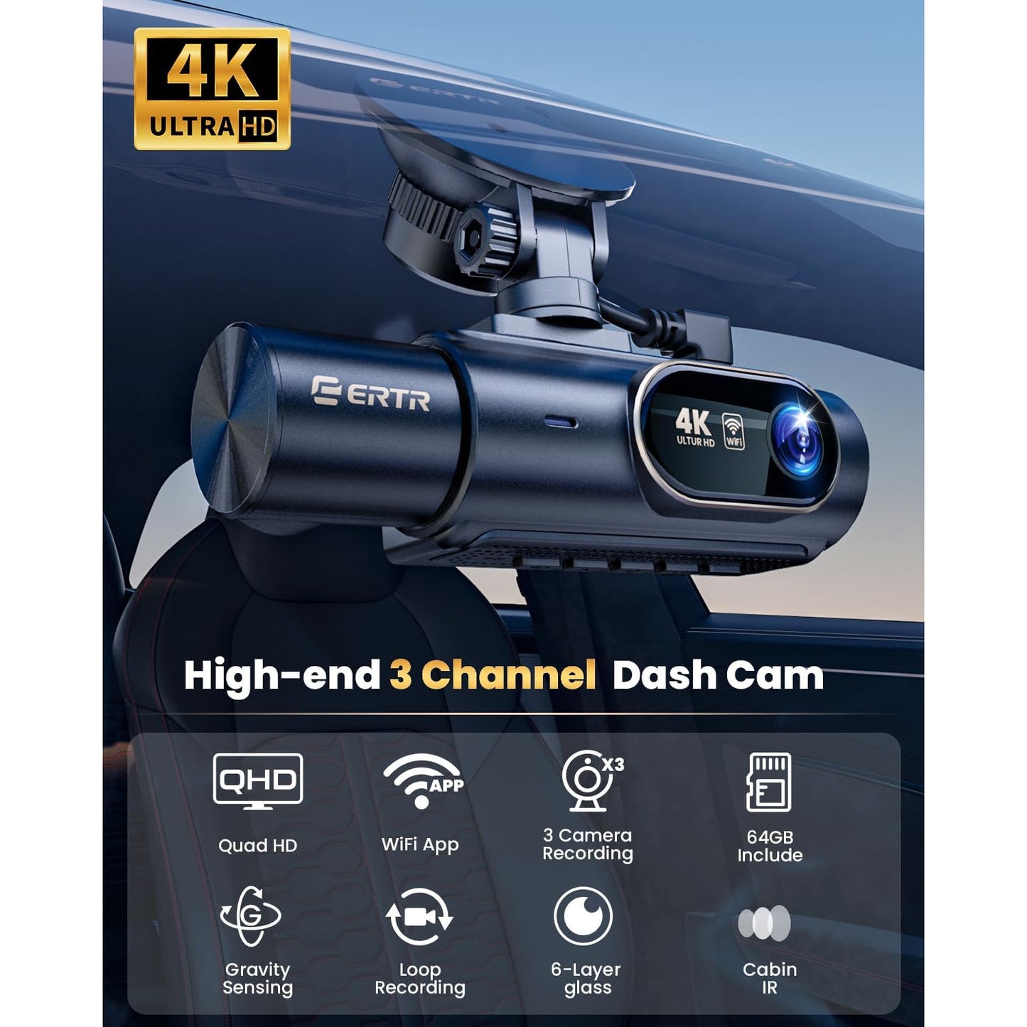 Camera auto DVR 4K cu 3 canale, fata 4K Ultra HD + interior, spate 1080P Full HD, Wi-Fi 5GHz, aplicatie mobila, viziune nocturna WDR avansata, unghi ultra-larg 170°, senzor G, inregistrare Loop, camera marsarier inclusa, card MicroSD 64GB