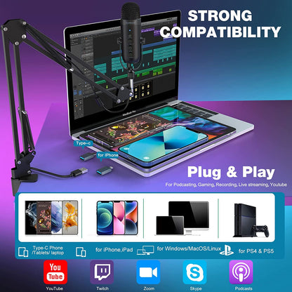 Set microfon condensator USB cu brat cu menghina, Profesional, Plug and Play, cardioid, butoane mute, control volum, control eco, compatibil PC, Smartphone, PS4, PS5, Tableta