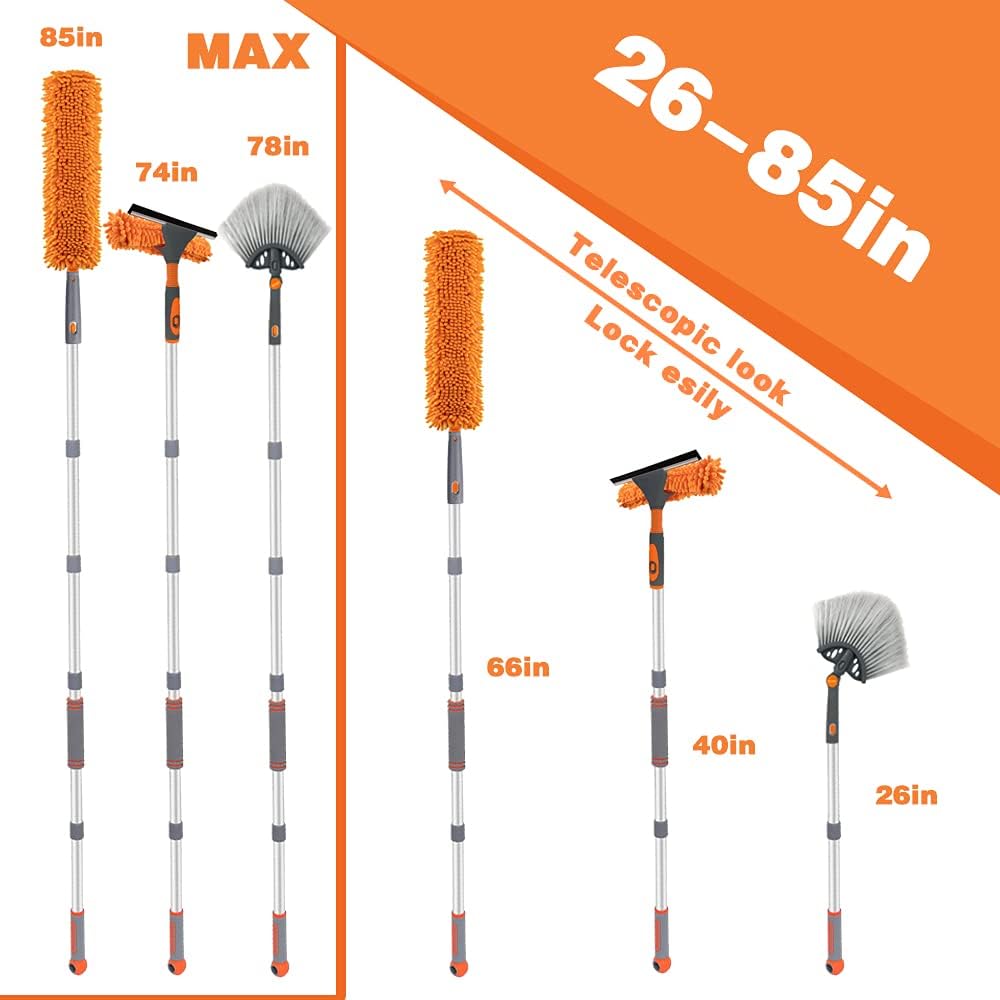 Stergator de geamuri cu maner telescopic, laveta din microfibra, 3 capuri interschimbabile, pentru curatare geamuri si locuri greu accesibile