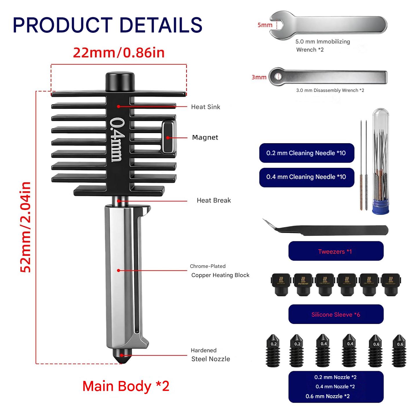Kit Hotend pentru imprimante 3D Bambu Lab A1/A1 Mini – 2 piese, cap de imprimare 0, 4 mm, duze otel calit 0, 2/0, 4/0, 6 mm, mansoane silicon, ac de curatare si penseta