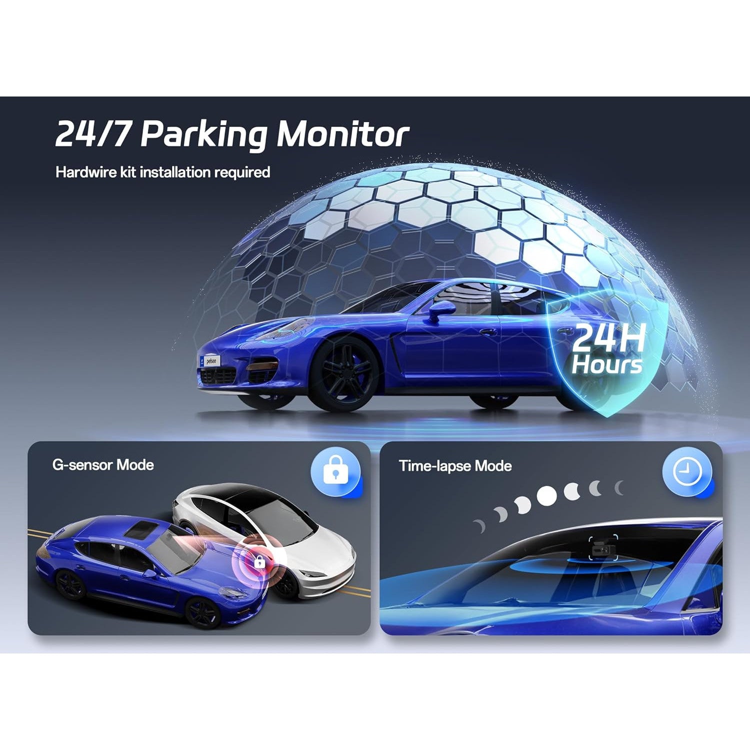Camera auto Pelsee P1 Pro Dual 4K UHD Fata + 1080P spate, Sony STARVIS 2, unghi 170°, HDR/WDR, ADAS, senzor G, GPS integrat, WiFi Dual Band 2.4/5.8GHz, vedere nocturna color, monitorizare parcare 24H, ecran IPS 3.39”, card SD 64GB