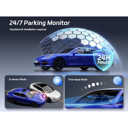 Camera auto Pelsee P1 Pro Dual 4K UHD Fata + 1080P spate, Sony STARVIS 2, unghi 170°, HDR/WDR, ADAS, senzor G, GPS integrat, WiFi Dual Band 2.4/5.8GHz, vedere nocturna color, monitorizare parcare 24H, ecran IPS 3.39”, card SD 64GB