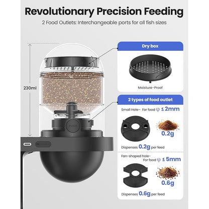 Hranitor pentru pesti, smart, Wifi, de acvariu, cu camera 2.5K, monitorizare 24/7, nightvision, control prin aplicatie, rezistent la umiditate, 230 ml, hranire continua, portii ajustabile