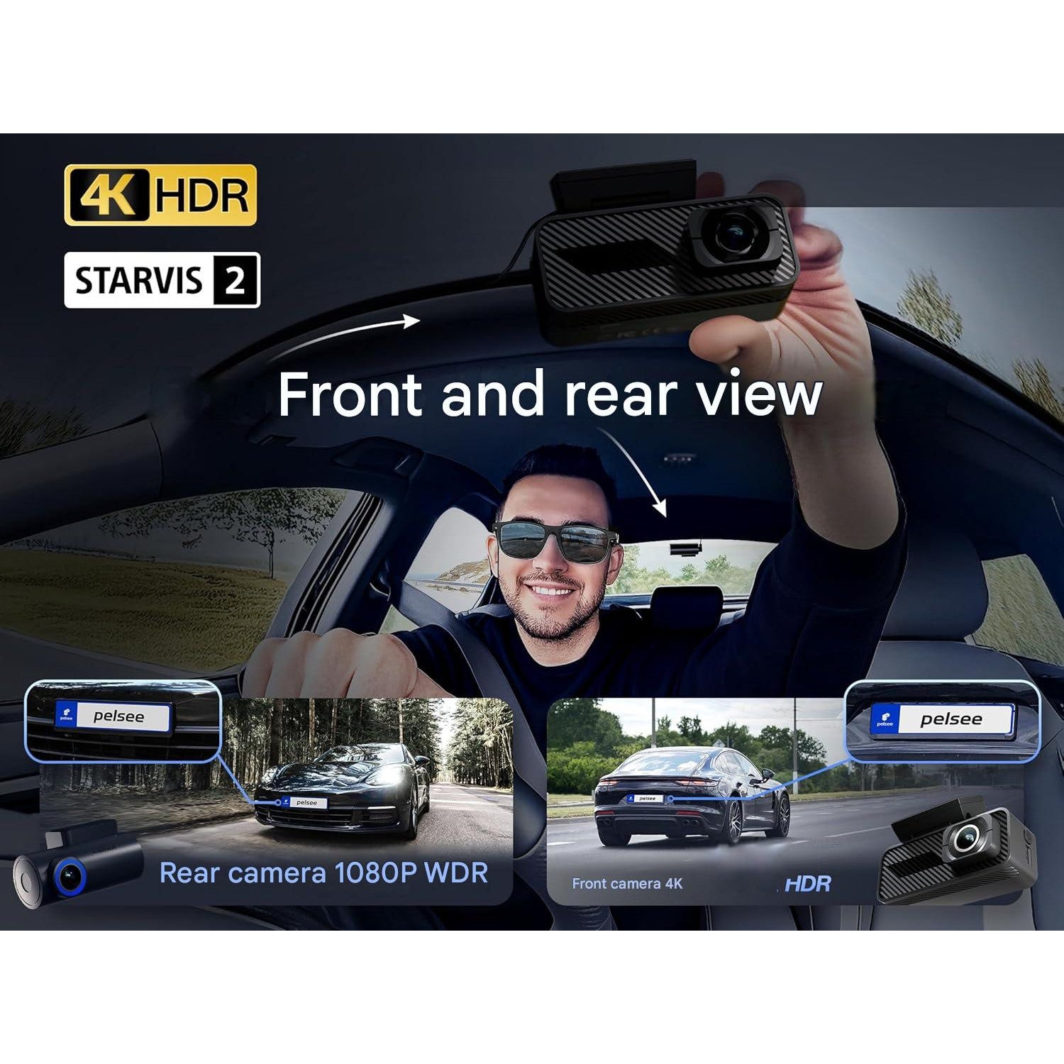 Camera auto Pelsee P1 Pro Dual 4K UHD Fata + 1080P spate, Sony STARVIS 2, unghi 170°, HDR/WDR, ADAS, senzor G, GPS integrat, WiFi Dual Band 2.4/5.8GHz, vedere nocturna color, monitorizare parcare 24H, ecran IPS 3.39”, card SD 64GB
