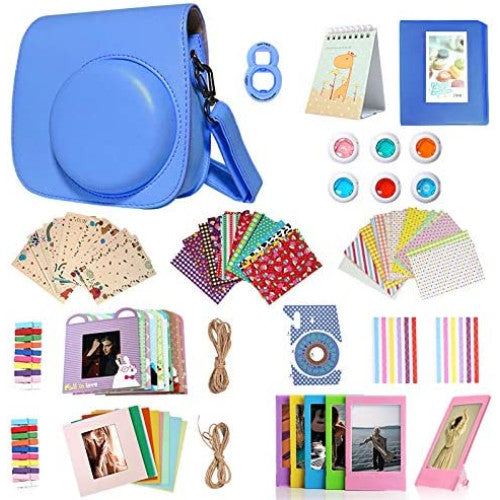 Set accesorii pentru Fujifilm Instax Mini 9, 8, 8s, 13 in 1, cu carcasa pentru camera, Album, Lentila selfie, 6 Filtre colorate, Autocolante, Sticker cadru, Album, Albastru