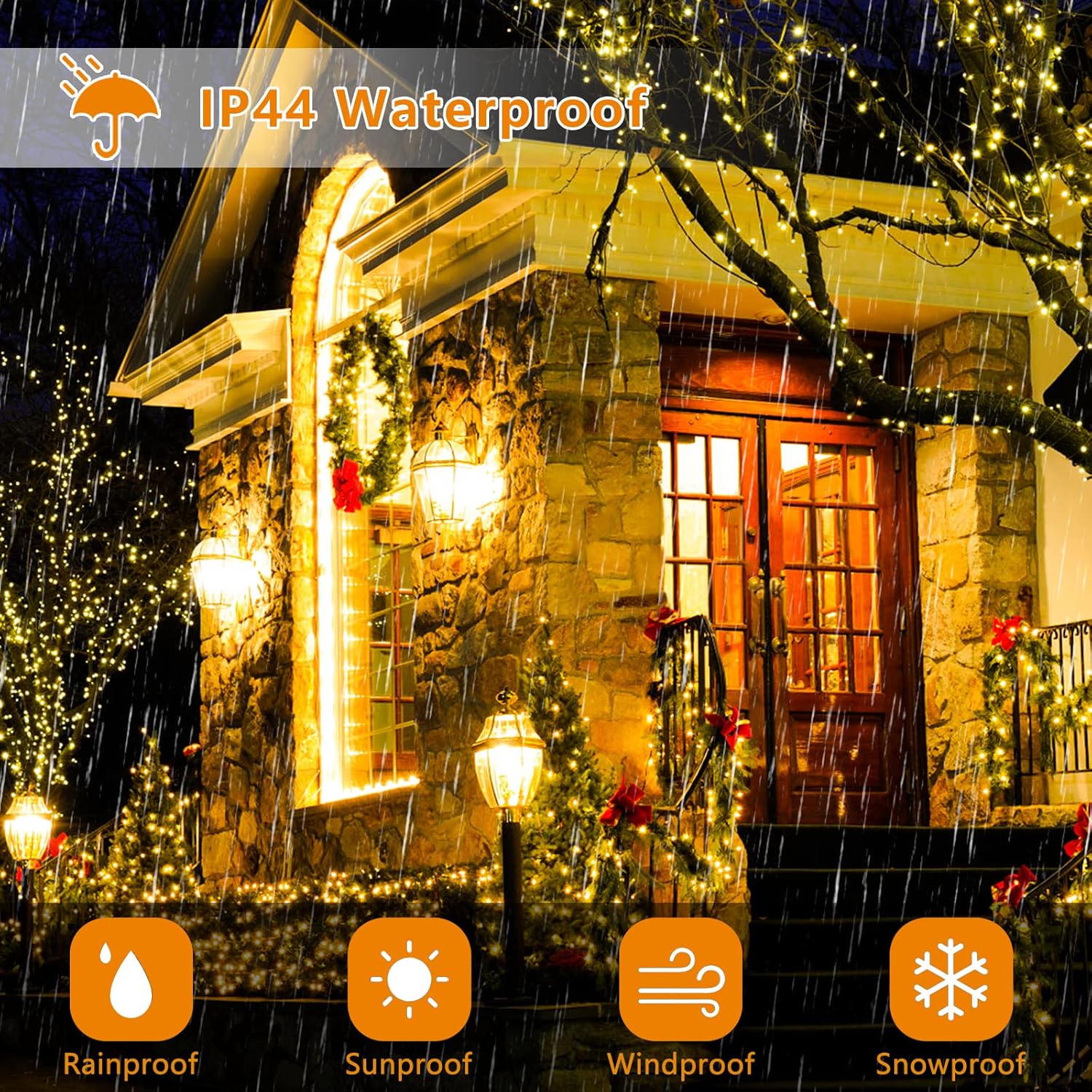 Instalatie brad Craciun LED pentru interior si exterior, de 60 metri, cu telecomanda, alb cald si multicolor, luminozitate reglabila, 11 moduri iluminare, impermeabil IP44