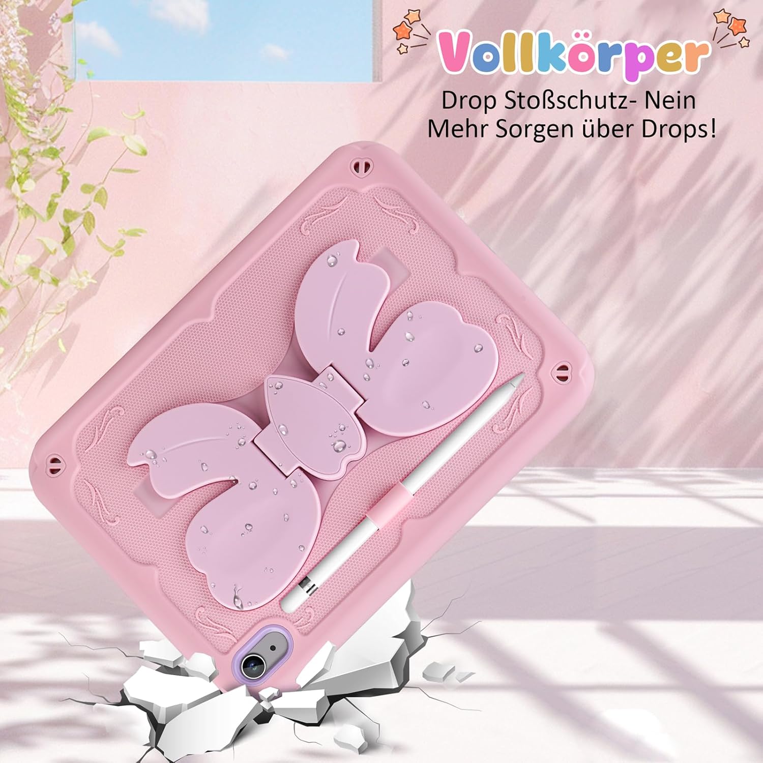 Husa Vunake tip fluture pentru iPad 11/10, cureaua de umăr detasabilă, suport stilou, roz