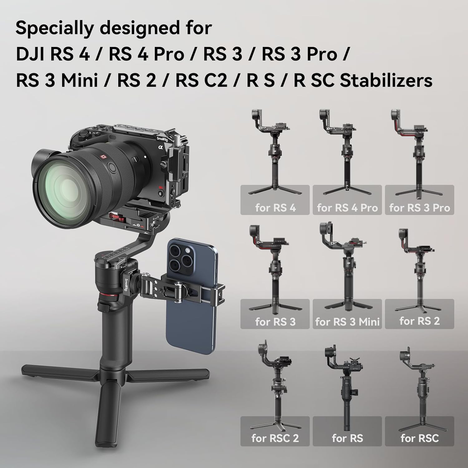Suport telefon pentru sistem de stabilizare DJI RS, din metal, cu suport cold shoe si suruburi M4, reglabil, adaptor smartphone pana la 88 mm latime