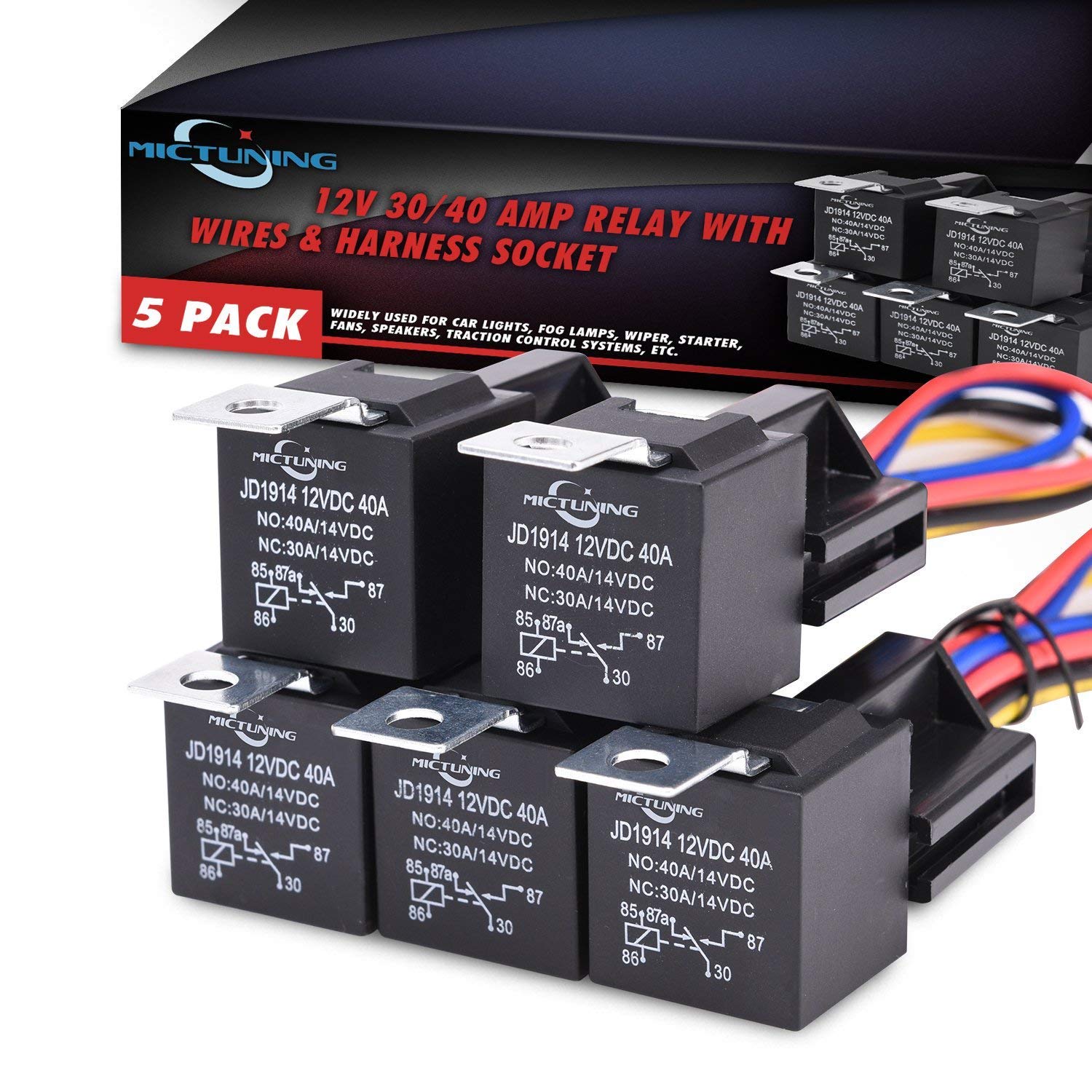 Set de 5 releu auto 12V 30/40A, cu priza, universal, Mictuning