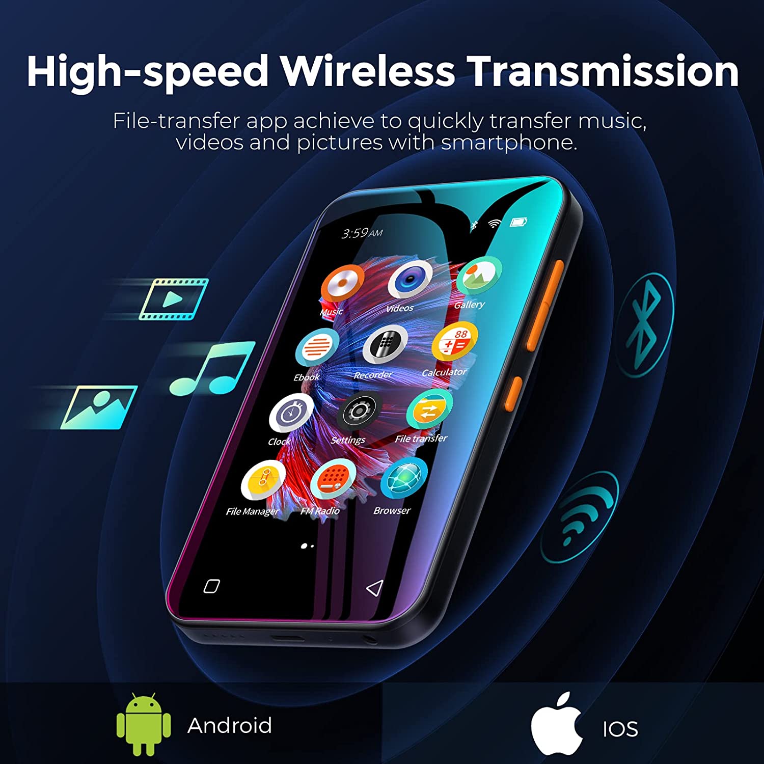 MP4 Player WiFi, cu ecran 4 inch, Bluetooth, full touchscreen, MP3 Player cu browser mini, difuzor, sunet HiFi, e-book, inregistrare radio si voce, suporta card pana la 512 GB