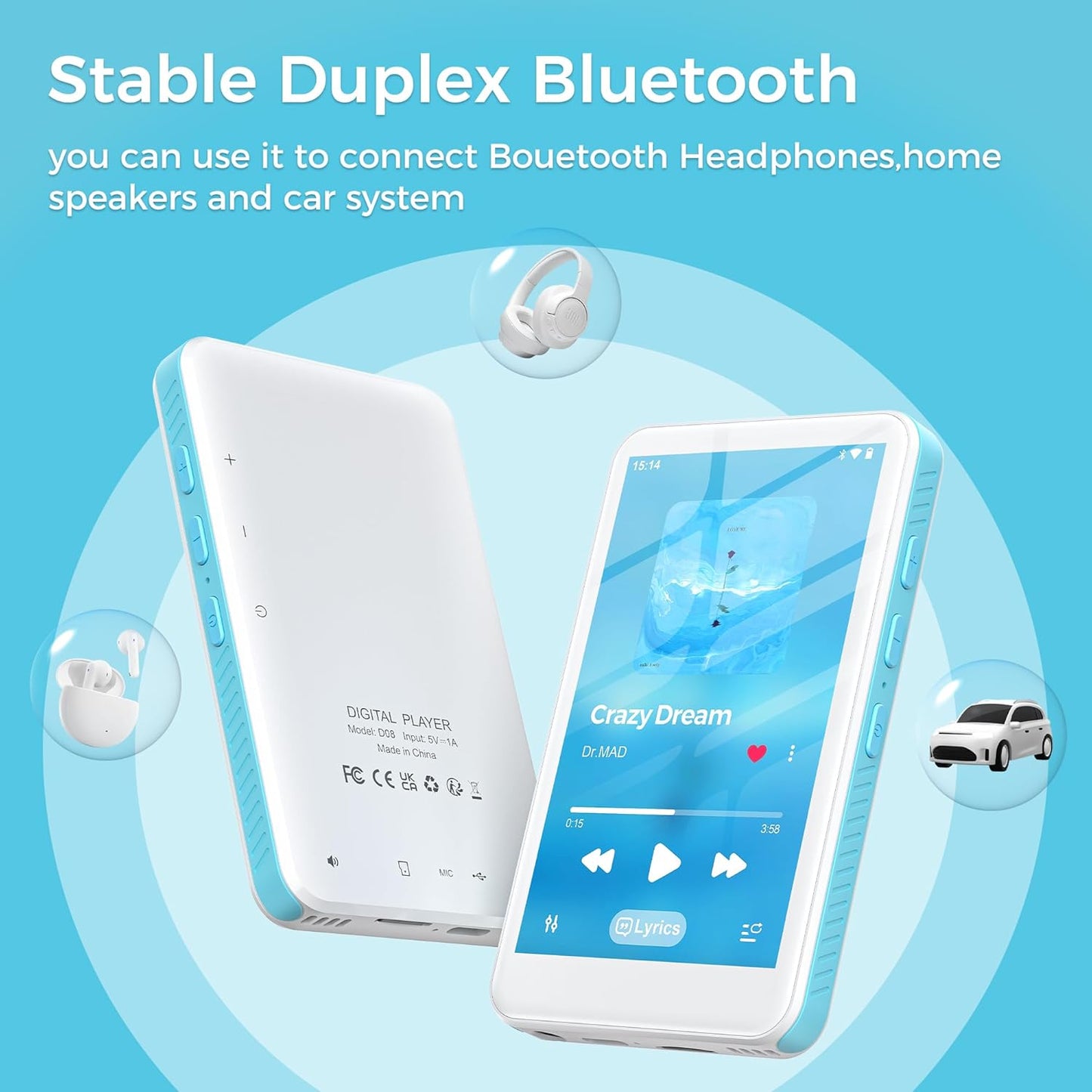 MP3 Player 160 GB cu Bluetooth 5.0, ecran 4 inch, full touchscreen – MP3/MP4 Player, Wi‑Fi Dual‑Band, Micro SD, Android 13, Suport Spotify, Audible, Play Store, Radio FM, extindere stocare pana la 1 TB