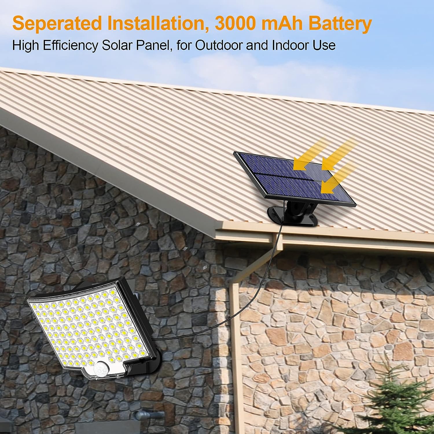 Set de 2 lampa solara LED cu panou solar, 6500K, 650 LM, unghi iluminare de 180°, 188 LED-uri, senzor de miscare, impermeabila IP65, cu telecomanda, cablu de 5 m, acumulator 2000 mAh, Clasa de energie A