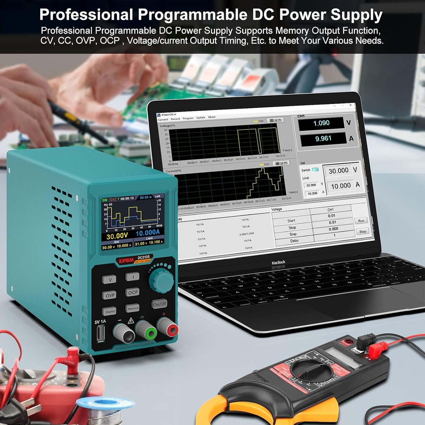 Sursa de alimentare de laborator 0-30 V, 0-10 A programabila, cu afisaj LED, interfata USB pentru control, ventilator racire, port incarcare 5V, functie protectie supracurent (OCP), protectie supratensiune (OVP), multifunctionala
