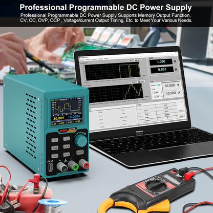 Sursa de alimentare de laborator 0-30 V, 0-10 A programabila, cu afisaj LED, interfata USB pentru control, ventilator racire, port incarcare 5V, functie protectie supracurent (OCP), protectie supratensiune (OVP), multifunctionala