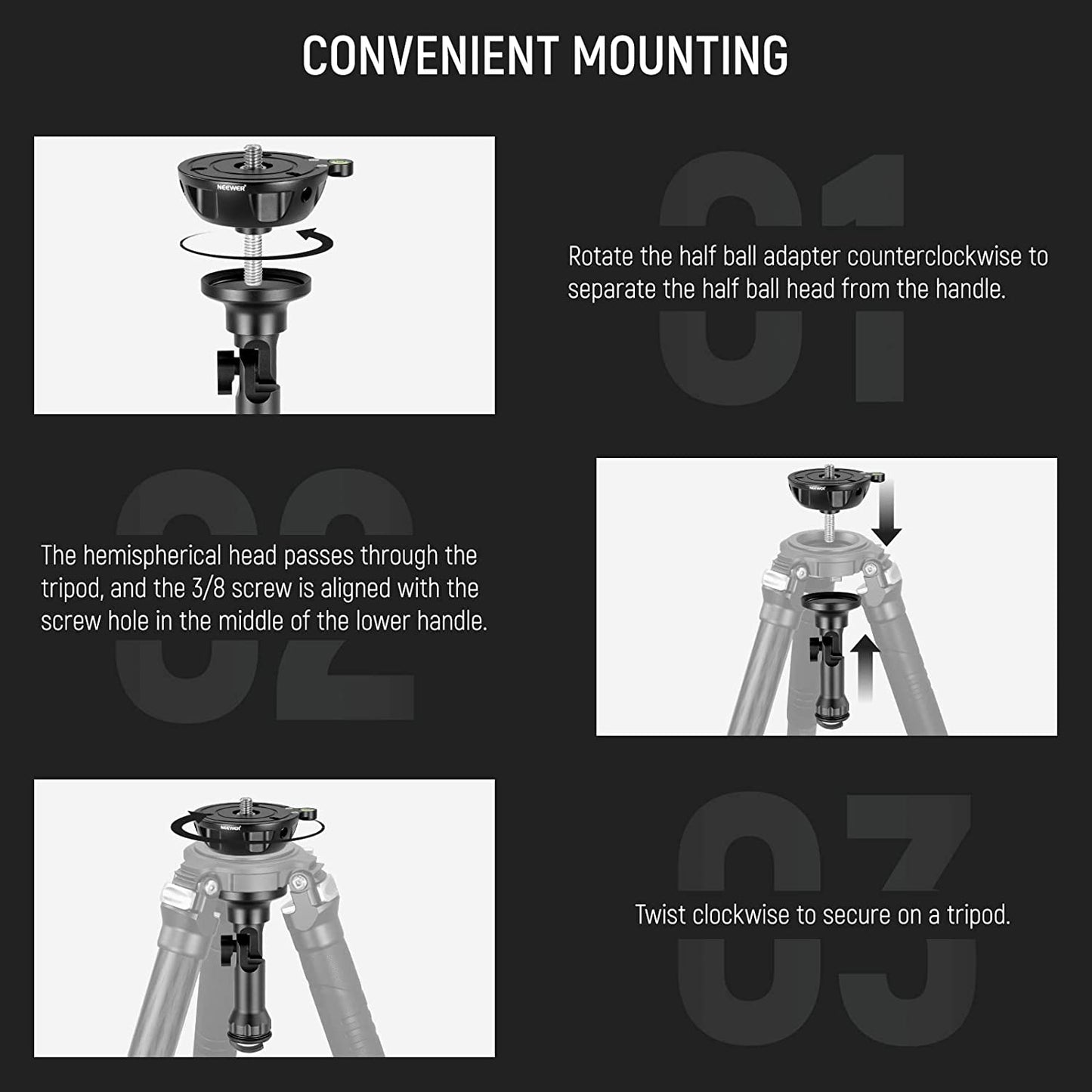 Baza de nivelare cap trepied cu bula, din aliaj de aluminiu, cu carlig pentru sac nisip, cu surub de montare 3/8", pliabil, Neewer GM003
