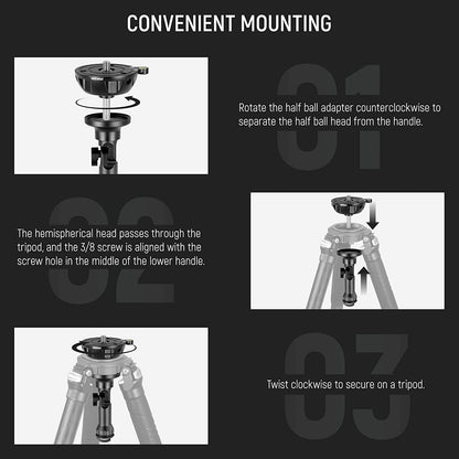 Baza de nivelare cap trepied cu bula, din aliaj de aluminiu, cu carlig pentru sac nisip, cu surub de montare 3/8", pliabil, Neewer GM003