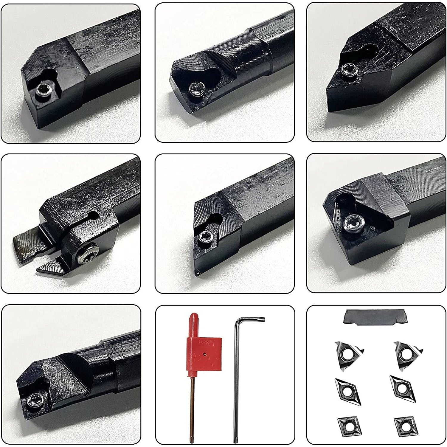 Set cutite de strung cu placute amovibile, 7 piese de strunjit de 10 mm cu bara de gaurit, unelte de strunjit cu insertii de carbura, 21 de piese