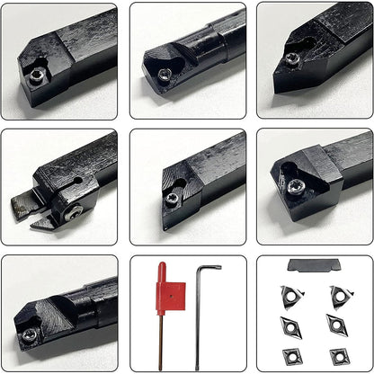 Set cutite de strung cu placute amovibile, 7 piese de strunjit de 10 mm cu bara de gaurit, unelte de strunjit cu insertii de carbura, 21 de piese