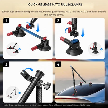 Suport auto NEEWER CA136 cu tripla ventuza, sistem montare camera actiune, compatibil GoPro/Insta360/DJI, sina NATO, brate din fibra de carbon extensibile pana la 60 cm, sarcina max. 1 kg, adaptor 1/4”, pentru vlog si filmare POV ID produs: 4307