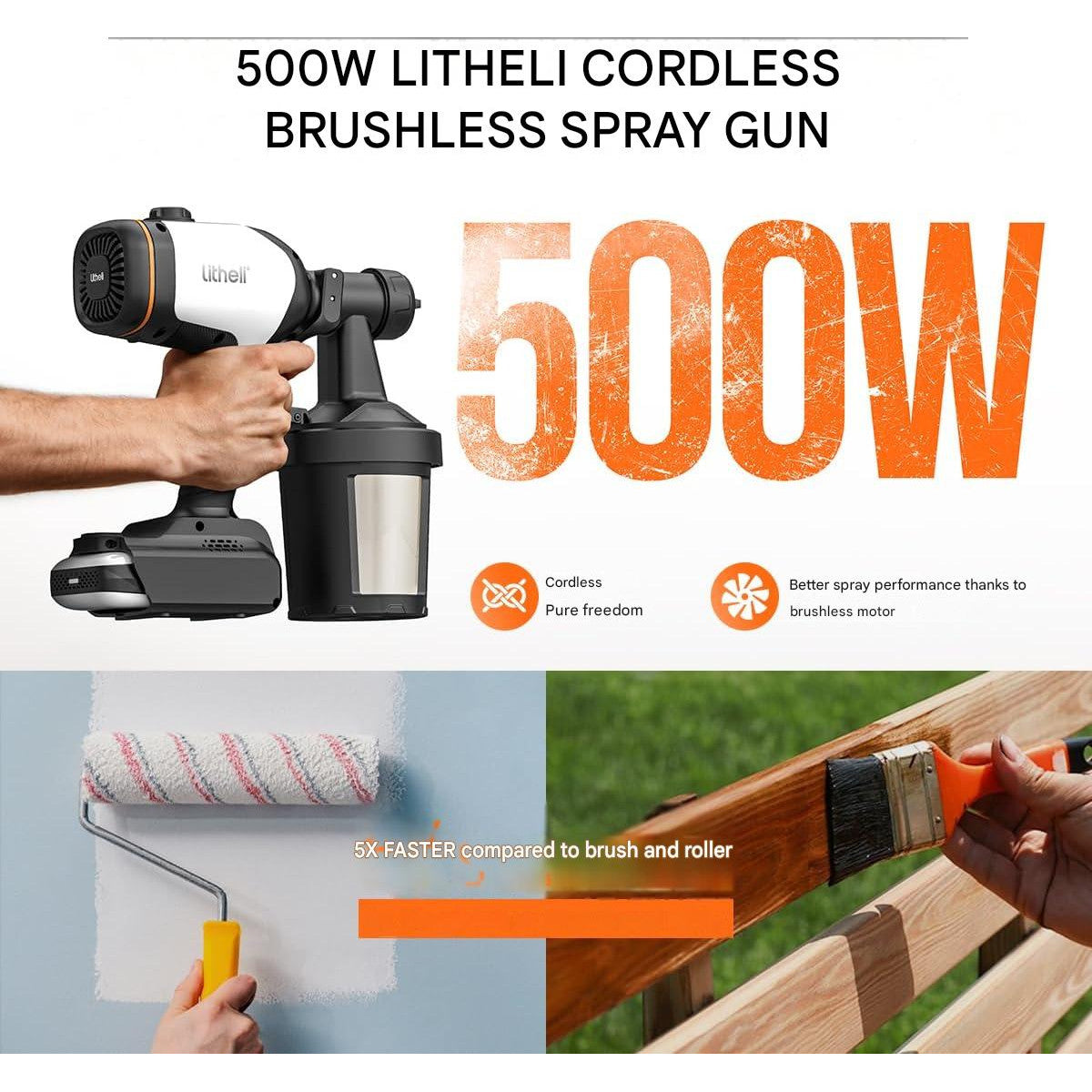Pistol electric de vopsit Litheli HVLP cu baterie 4Ah, motor fara perii, 3 moduri pulverizare, 4 duze, 2 rezervoare 800 ml, debit reglabil, incarcare USB-C, pentru pereti, mobilier si renovari interioare/exterioare