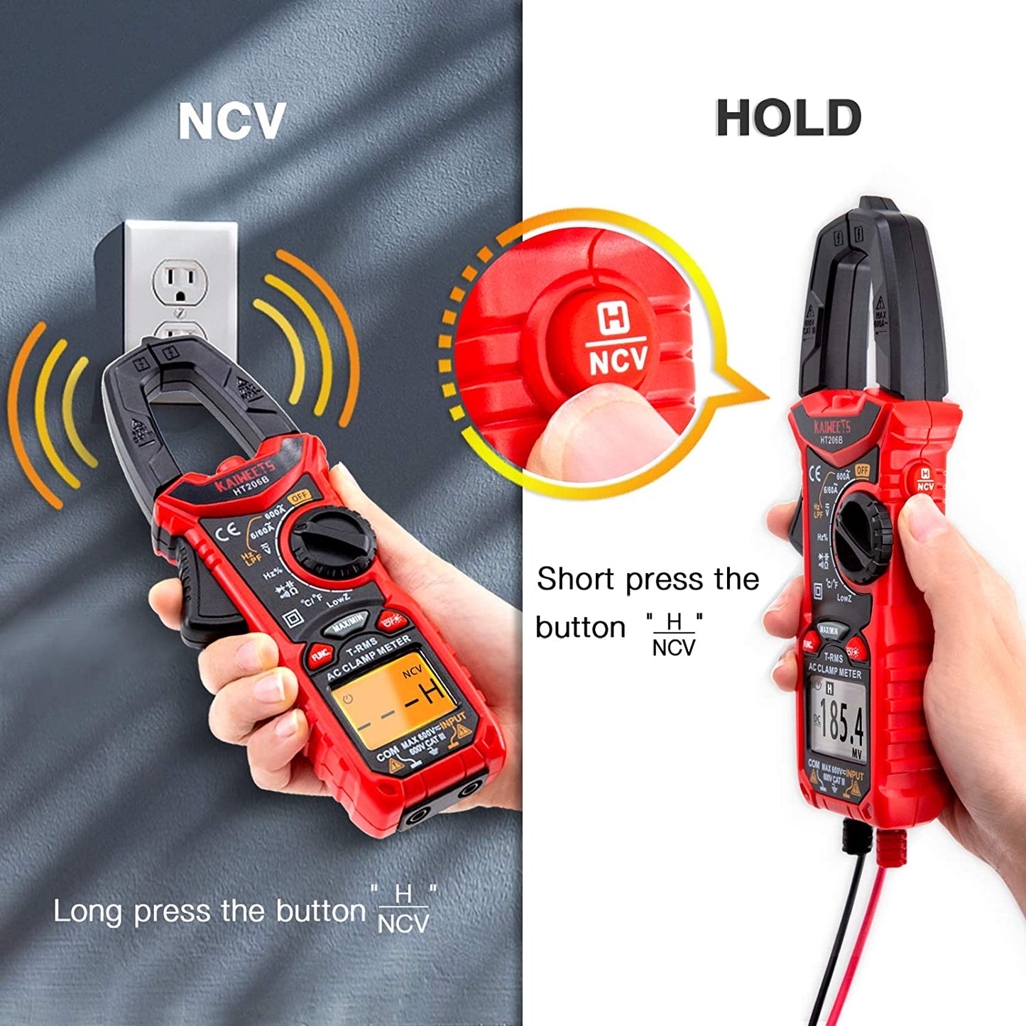 Multimetru digital tip cleste (cleste ampermetric), 6-600 V AC/DC, 6000 counts, NCV, True RMS, clampmetru cu functie hold, masurare tensiune, continuitate, rezistenta, frecventa, temperatura, Kaiweets HT206B