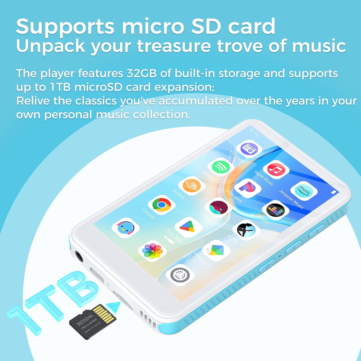 MP3 Player 160 GB cu Bluetooth 5.0, ecran 4 inch, full touchscreen – MP3/MP4 Player, Wi‑Fi Dual‑Band, Micro SD, Android 13, Suport Spotify, Audible, Play Store, Radio FM, extindere stocare pana la 1 TB