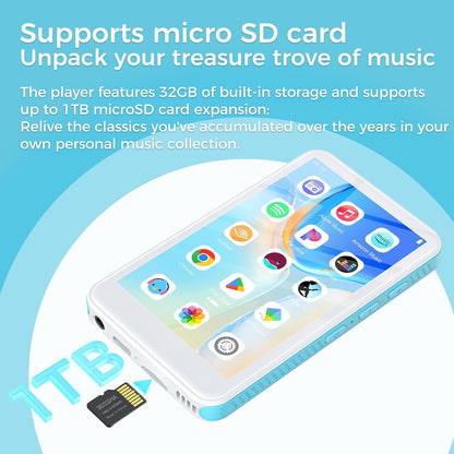 MP3 Player 160 GB cu Bluetooth 5.0, ecran 4 inch, full touchscreen – MP3/MP4 Player, Wi‑Fi Dual‑Band, Micro SD, Android 13, Suport Spotify, Audible, Play Store, Radio FM, extindere stocare pana la 1 TB