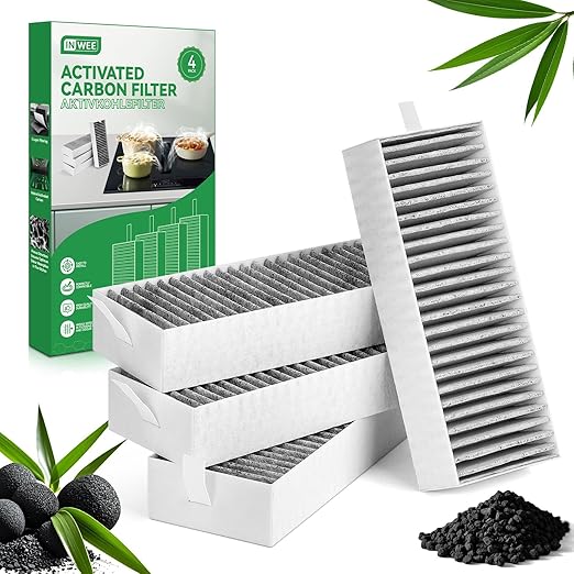 Set 4 filtre pentru hota, carbon activ, cu 5 straturi, 193 x 75 x 35 mm, filtru recirculare de schimb, compatibil Siemens, Bosch, Neff, Gaggenau, Constructa