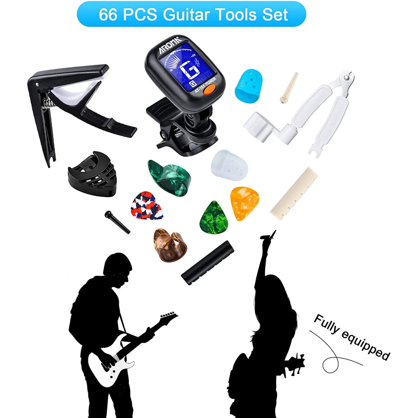 Set accesorii chitara cu 66 de piese, cu acordor, capodastru, pene, corzi pentru chitara, pini, 5 protectii degete din silicon