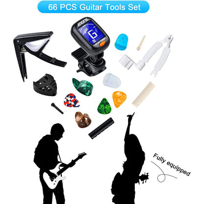Set accesorii chitara cu 66 de piese, cu acordor, capodastru, pene, corzi pentru chitara, pini, 5 protectii degete din silicon