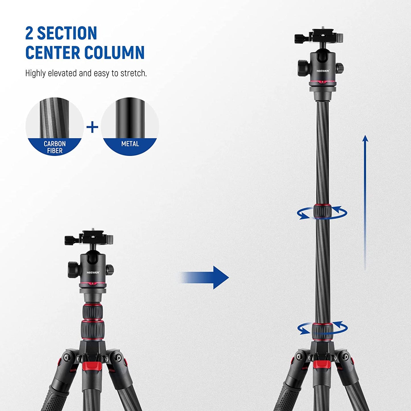 Trepied 2 in 1 monopied din fibra de carbon de 205 cm, cu cap bila 360° cu patina quick release tip arca 6,35 mm, inaltime reglabila 68 cm - 205 cm, greutate maxima suportata 12 kg, Neewer N55 CR