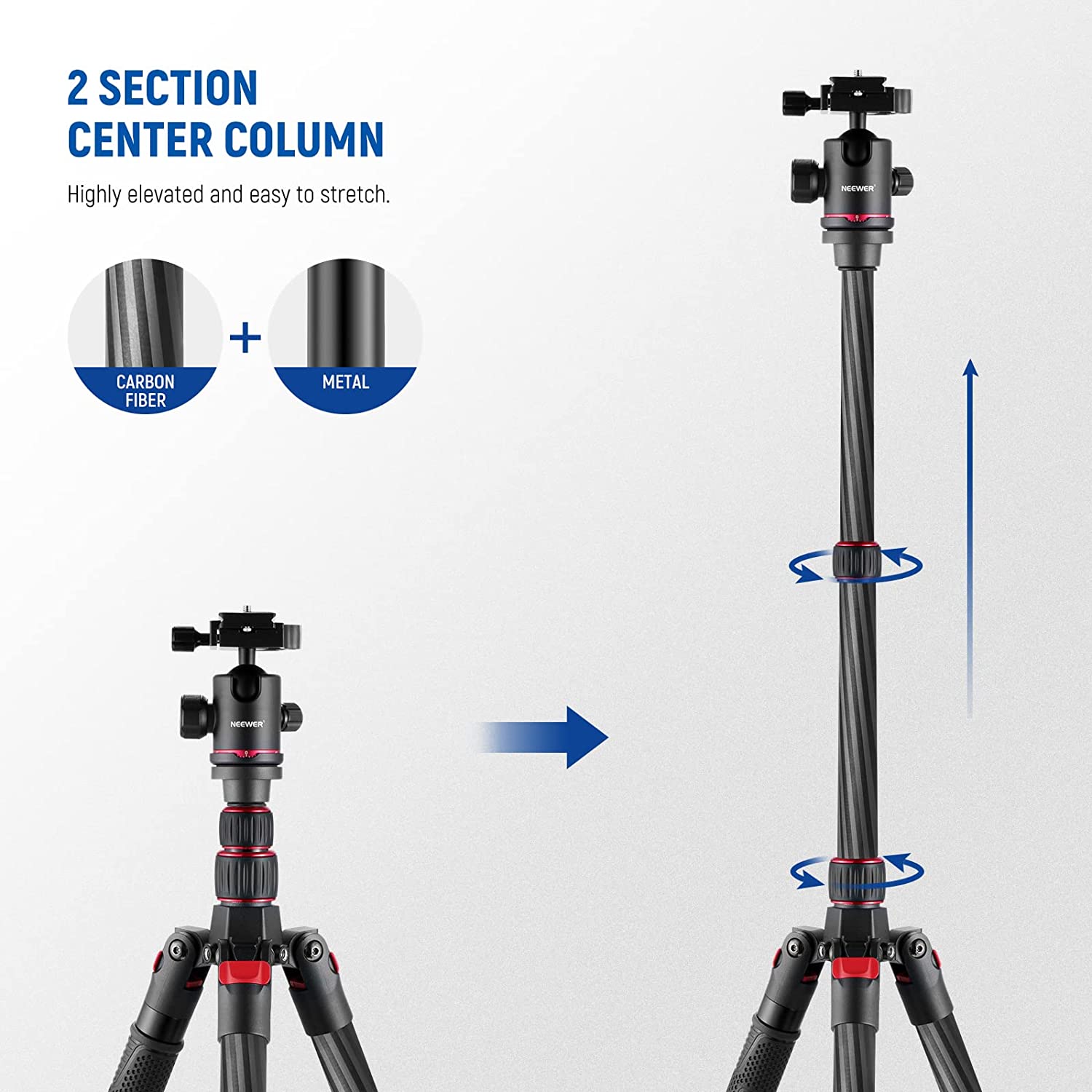 Trepied 2 in 1 monopied din fibra de carbon de 205 cm, cu cap bila 360° cu patina quick release tip arca 6,35 mm, inaltime reglabila 68 cm - 205 cm, greutate maxima suportata 12 kg, Neewer N55 CR