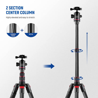 Trepied 2 in 1 monopied din fibra de carbon de 205 cm, cu cap bila 360° cu patina quick release tip arca 6,35 mm, inaltime reglabila 68 cm - 205 cm, greutate maxima suportata 12 kg, Neewer N55 CR