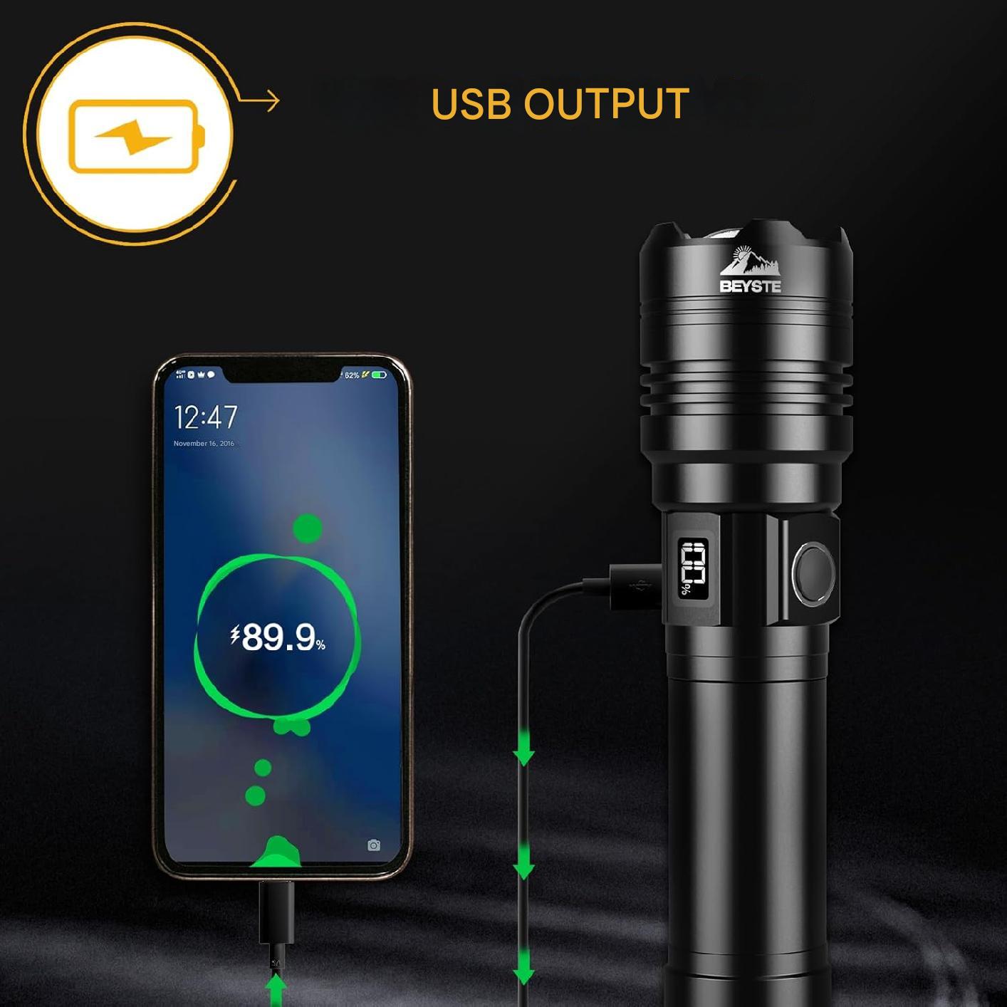 Set lanterna tactica LED cu lanterna UV mini si lampa de citit, lanterna reincarcabila din aluminiu, cu afisaj digital, impermeabila IPX6, iesire USB, in cutie de transport si depozitare